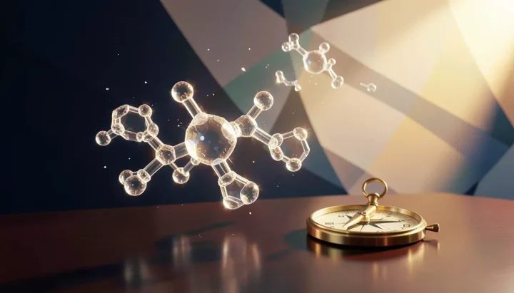 Redaktionelle Illustration eines leuchtenden, gläsernen Molekularstrangs, der sich über einem dunklen Schreibtisch neben einem Messingkompass neu formt, vor einem Hintergrund aus weichen geometrischen Formen in Dunkelblau und Bernstein.