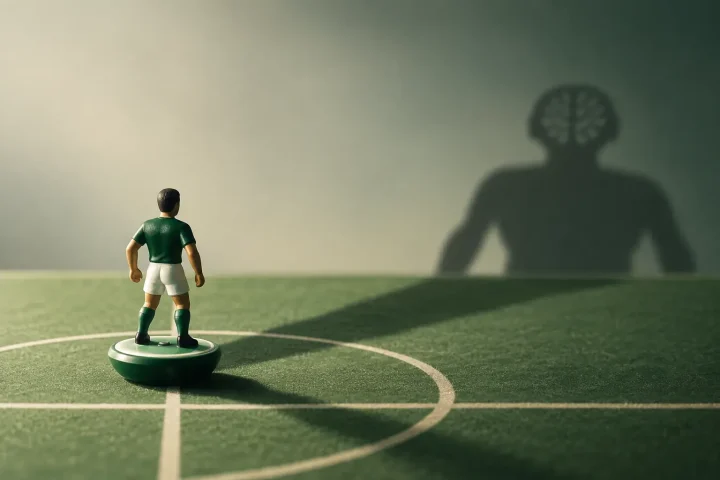 Une figurine de football fantastique solitaire fait face à l’ombre d’un adversaire sur un terrain de jeu de plateau simplifié.