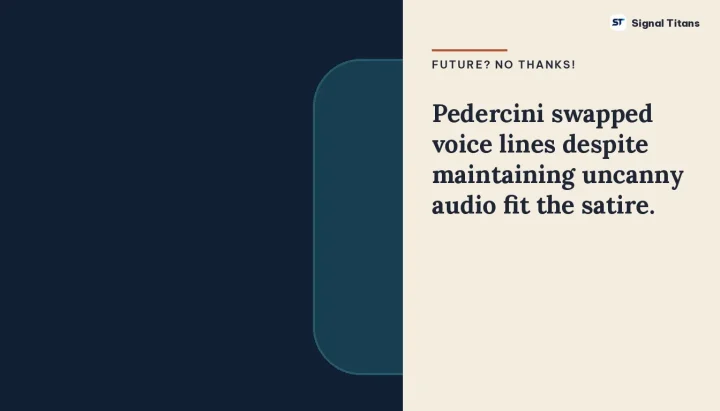 Future? No Thanks! · Paolo Pedercini: Pedercini swapped voice lines despite maintaining uncanny audio fit the satire.