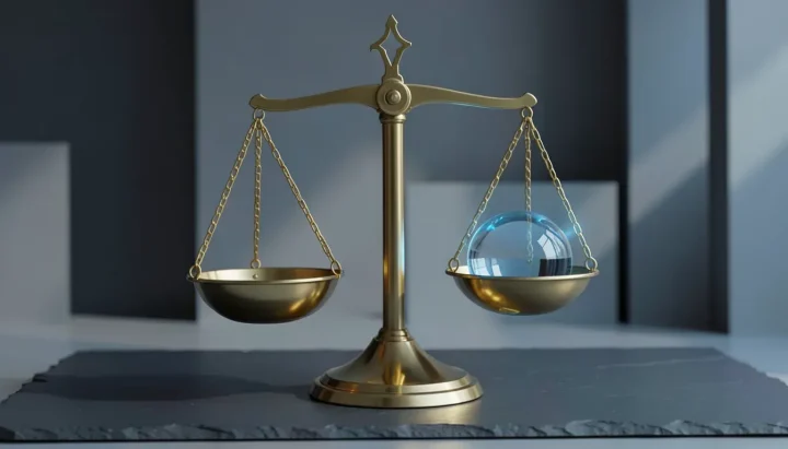 A polished brass balance scale on a dark slate surface counterbalancing a glowing blue glass sphere against abstract geometric panels.