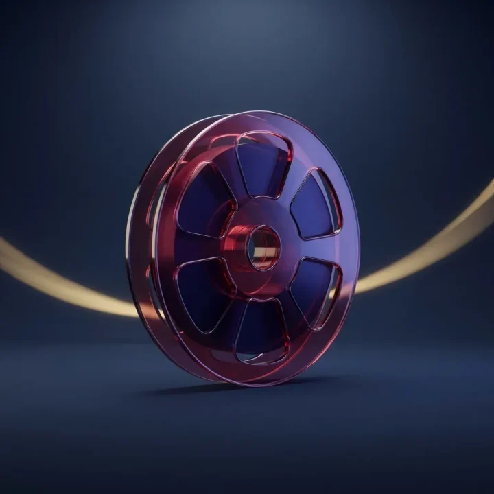 Une illustration éditoriale représentant une bobine de film en verre lumineuse aux nuances rubis et indigo profond, sur un fond bleu foncé parcouru d'un ruban lumineux doré.