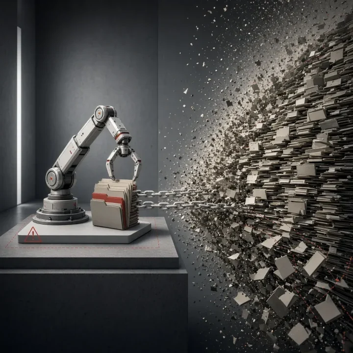 Illustration éditoriale montrant un bras robotisé supprimant un dossier lié dans un espace de test, tandis que des fichiers disparaissent d’une vaste archive active à l’arrière-plan.