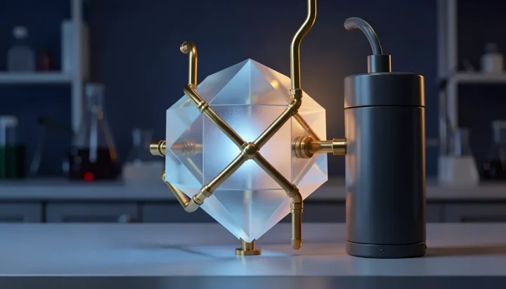 Illustration éditoriale représentant un dispositif de thermorégulation géométrique composé de verre saphir et de conduits en laiton, à côté d'un cylindre d'échange thermique anthracite dans un laboratoire indigo.