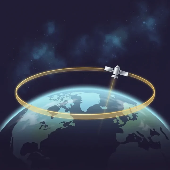 Ein stilisierter silberner Satellit umkreist die Erde entlang eines leuchtenden goldenen geostationären Orbitrings vor einem dunklen indigo-farbenen Sternenhintergrund.