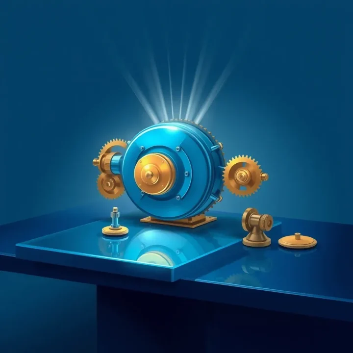 An editorial illustration featuring a glowing metallic engine core with brass gears and fine light beams on a minimalist indigo studio workbench.