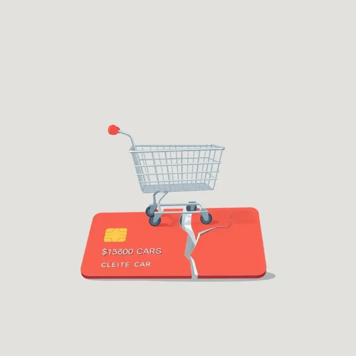Un panier d'achat numérique pose sur une grande carte de crédit qui se fissure légèrement, sur un fond gris clair dépouillé.