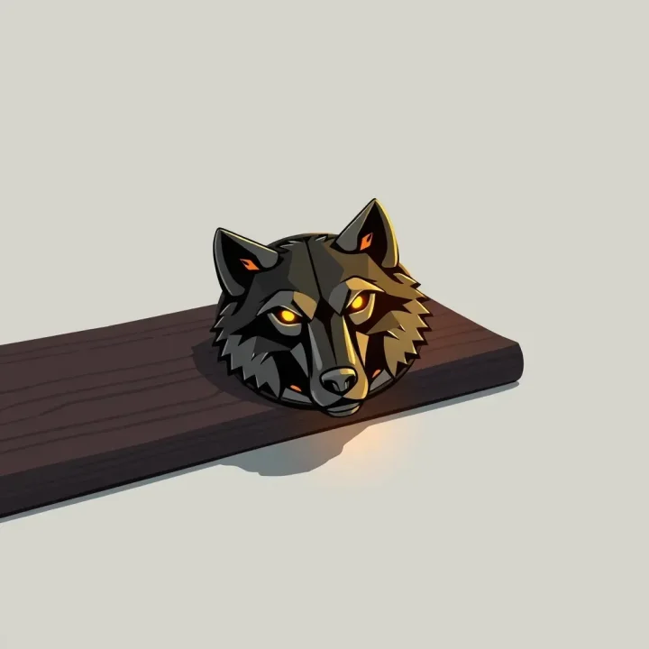Un médaillon métallique en forme de tête de loup lumineux reposant sur une surface en bois sombre.