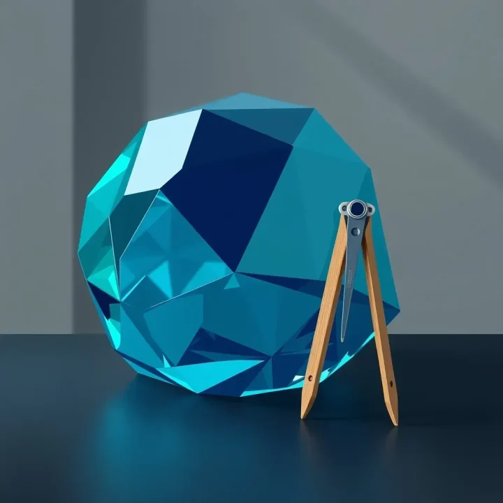 A glowing cyan and navy geometric glass sculpture sits beside a wooden drafting compass on a slate table in a dark studio.