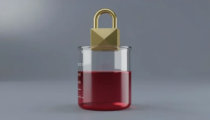 Ilustración editorial de un vaso de precipitados de vidrio medio lleno de líquido carmesí, cerrado en la parte superior con un candado metálico dorado sobre un fondo gris pizarra.