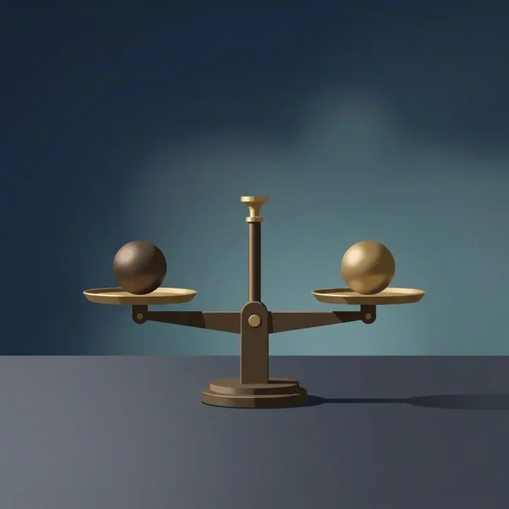 Eine mechanische Waage aus Bronze und Messing auf einer glatten, dunkelgrauen Schieferoberfläche unter weichem, gerichtetem Licht.