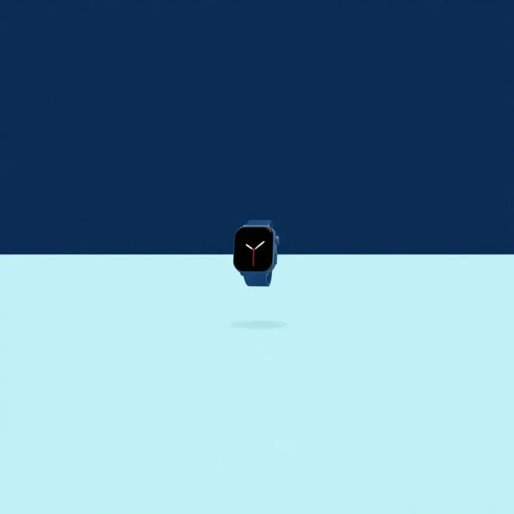 Ilustração vetorial editorial de uma silhueta central de smartwatch iluminada pela luz do cursor de um terminal sobre um fundo azul-escuro.