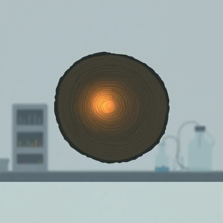 Illustration éditoriale d'une coupe transversale de tronc d'arbre ancien, avec un anneau lumineux s'estompant progressivement sur un fond de laboratoire flou.