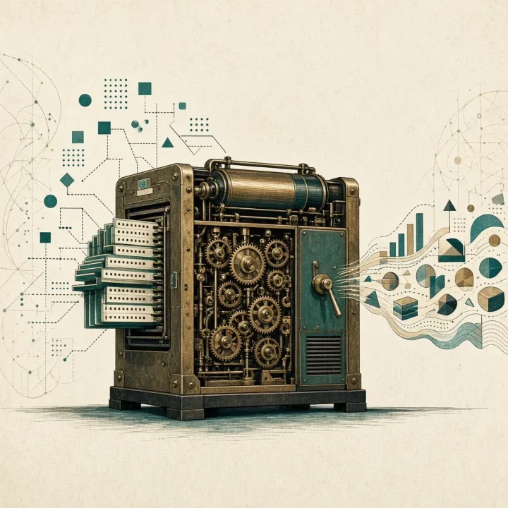 Ilustração editorial de uma máquina de computação antiga transformando cartões perfurados e dados geométricos em formas organizadas e compreensíveis para as pessoas.