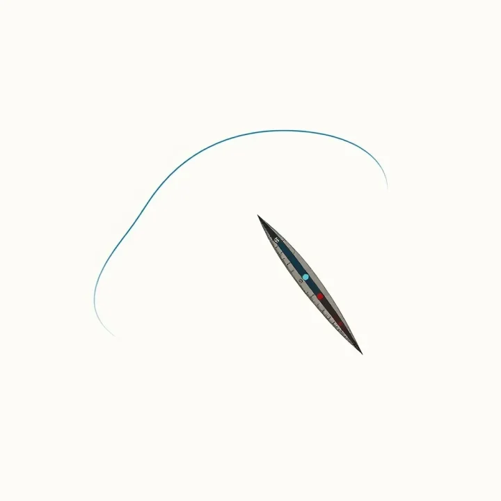 An illustration of a drafting compass drawing an orbital curve around a small blue sphere on a clean, off-white background.