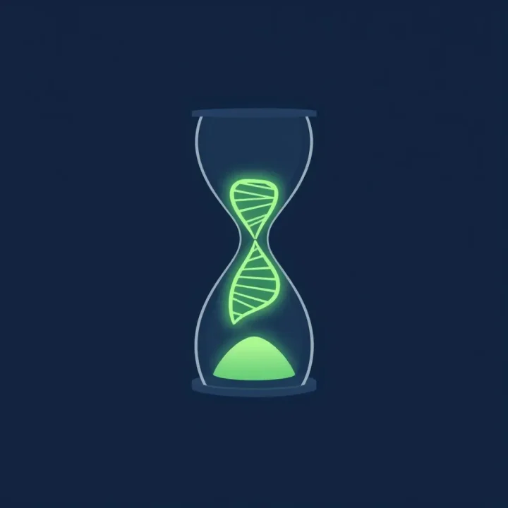 Una delicada doble hélice de ADN de color verde brillante dentro de un reloj de arena sobre un fondo azul índigo profundo.