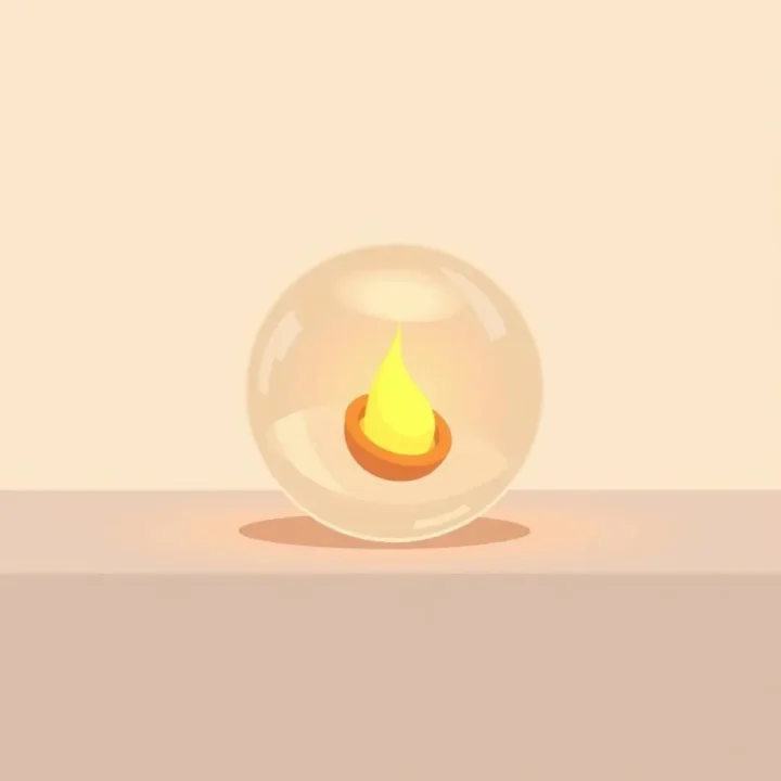 Uma esfera de cristal de vidro minimalista contendo um núcleo brilhante apoiada em uma superfície limpa contra um fundo neutro.