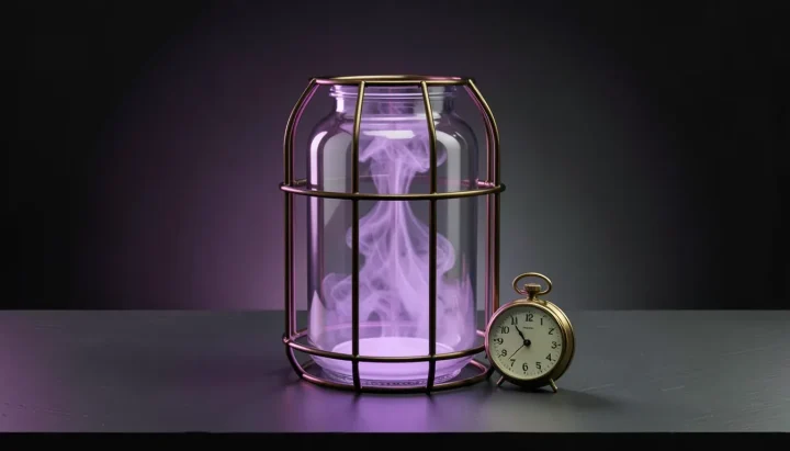 Un frasco desecador de laboratorio de cristal dentro de una jaula de alambre de latón oscuro que emite un resplandor violeta sobre una superficie de pizarra, junto a un reloj de bolsillo de latón.