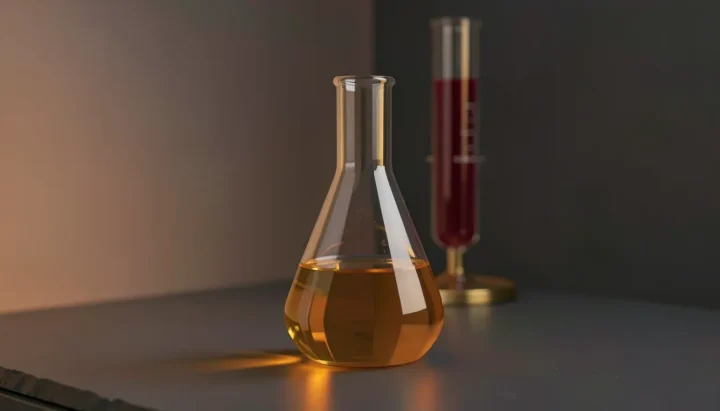 Illustration éditoriale montrant un flacon en verre ambré rempli d'un liquide doré transparent aux côtés d'un tube à centrifugeuse en verre flouté rempli d'un liquide cramoisi sur une table de laboratoire en ardoise sombre.