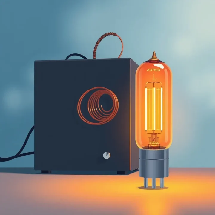 Illustration éditoriale représentant un tube à vide rétro lumineux baigné d'une chaude lumière ambrée, posé sur un châssis gris foncé avec un câblage en cuivre sur fond bleu.