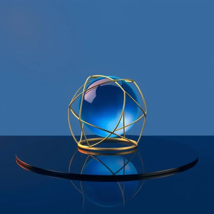 Une sphère moléculaire bleu saphir lumineuse à l'intérieur d'anneaux géométriques en laiton poli sur une surface réfléchissante bleu nuit sombre.