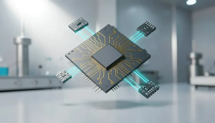 Um microchip modular cinza-escuro central com circuitos dourados suspenso em um ambiente de laboratório, conectado a módulos menores por feixes de luz ciano.