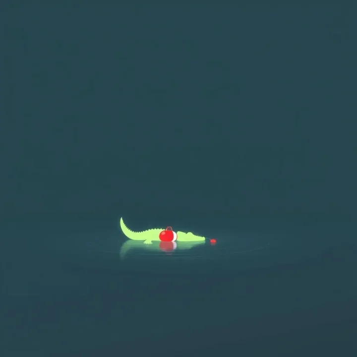 A conceptual illustration of a glowing digital crocodile silhouette floating near a red warning buoy in dark water.