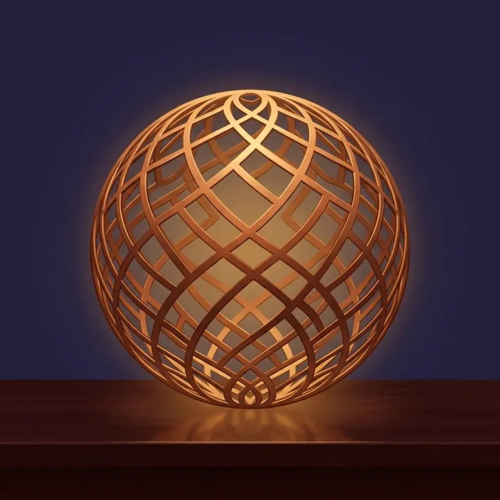 Una ilustración editorial panorámica que muestra una esfera brillante de cobre construida con filigrana metálica sobre una superficie de caoba oscura contra un fondo índigo oscuro.