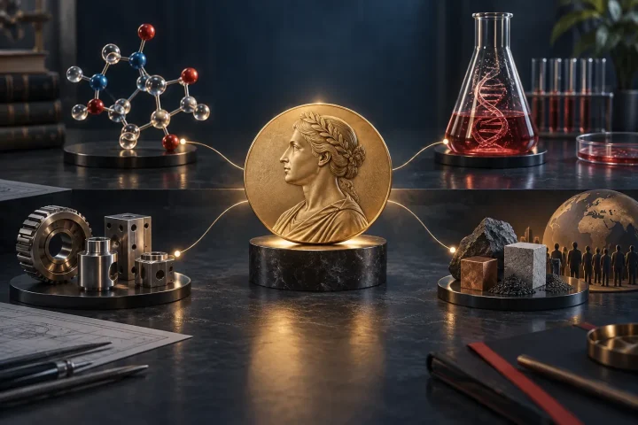 Una única medalla científica iluminada descansa sobre una mesa de laboratorio, con recorridos visuales que conducen a un modelo molecular, instrumentos de precisión, un matraz biotecnológico y muestras de materiales industriales.