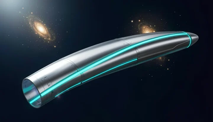 A sleek metallic silver spaceship in deep space with glowing cyan energy conduits and a distant golden star system.