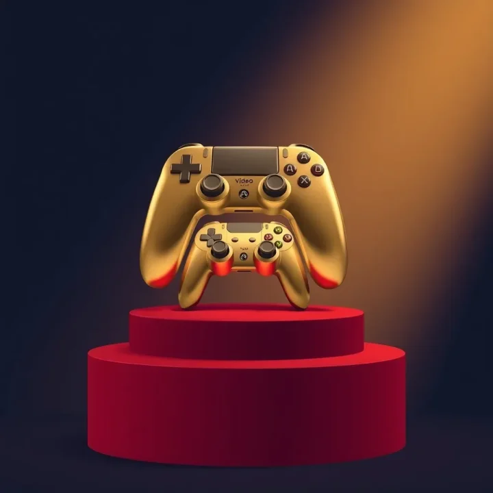 A stylized brass video game controller resting on a dark crimson velvet pedestal under warm golden spotlighting against a navy gradient background.