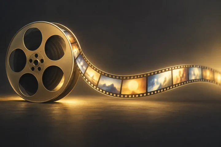Eine übergroße Filmspule verwandelt sich in einen durchgehenden leuchtenden Filmstreifen und steht dafür, dass KI-generiertes Filmmaterial zu einem zusammenhängenden Kinofilm wird.
