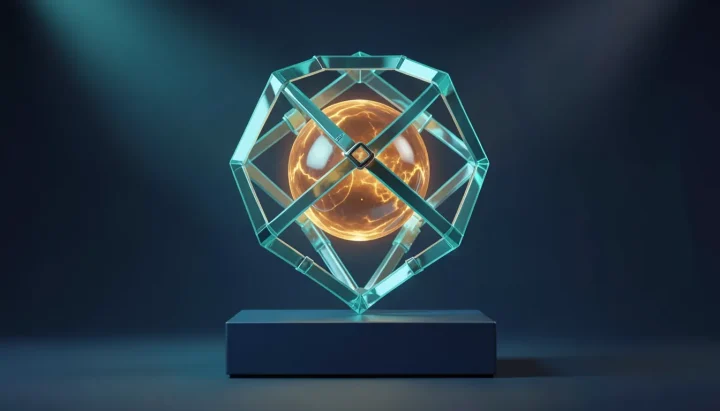 Redaktionelle Illustration einer geometrischen cyanfarbenen Glaskonstruktion (Harness), die über einem matten dunkelblauen Sockel schwebt und eine leuchtend bernsteinfarbene Energiekugel umschließt.