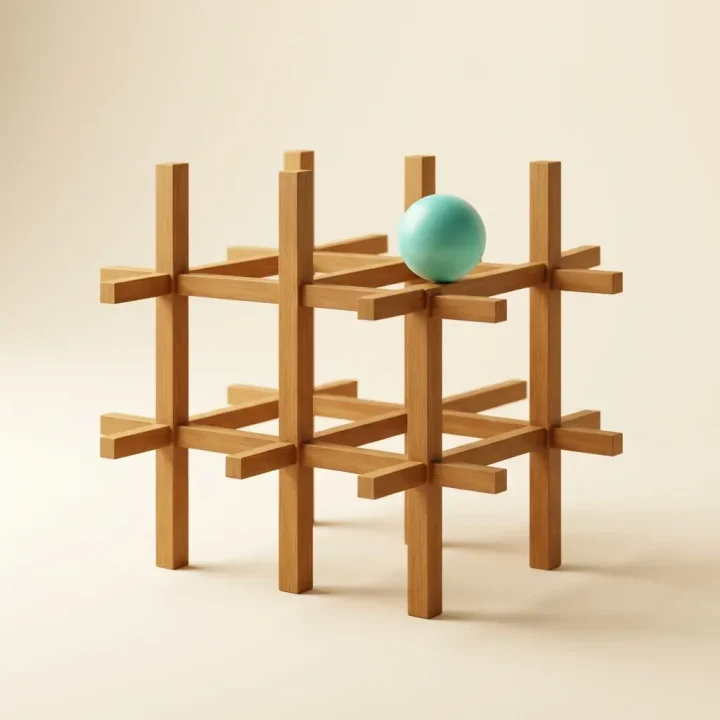 An editorial illustration of a honey-coloured oak architectural grid structure with a small glowing teal sphere resting on an upper beam against a warm cream background.