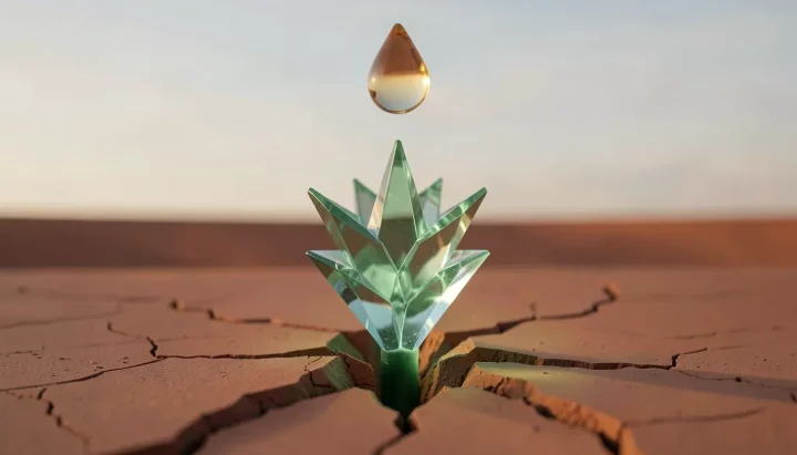 Eine redaktionelle Illustration eines leuchtenden, geometrischen salbeigrünen Keimlings, der aus trockener Terracotta-Erde unter einem schwebenden, transparenten bernsteinfarbenen Tropfen hervortritt.