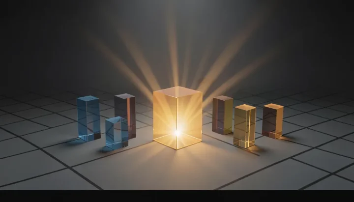 Eine redaktionelle Illustration mit transparenten, geometrischen Glasbausteinen auf einer dunklen Oberfläche mit einem bernsteinfarben leuchtenden zentralen Block.