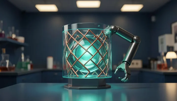 Un núcleo modular brillante de vidrio verde azulado y cobre que representa un motor de IA, junto a un brazo robótico de acero oscuro sobre un fondo de laboratorio minimalista.