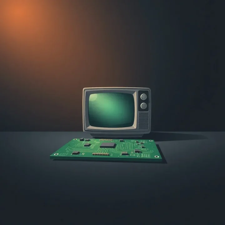 Une carte de circuit imprimé vert foncé placée devant un téléviseur vintage gris chaud qui émet une douce lumière verdâtre sur un fond en dégradé sombre.