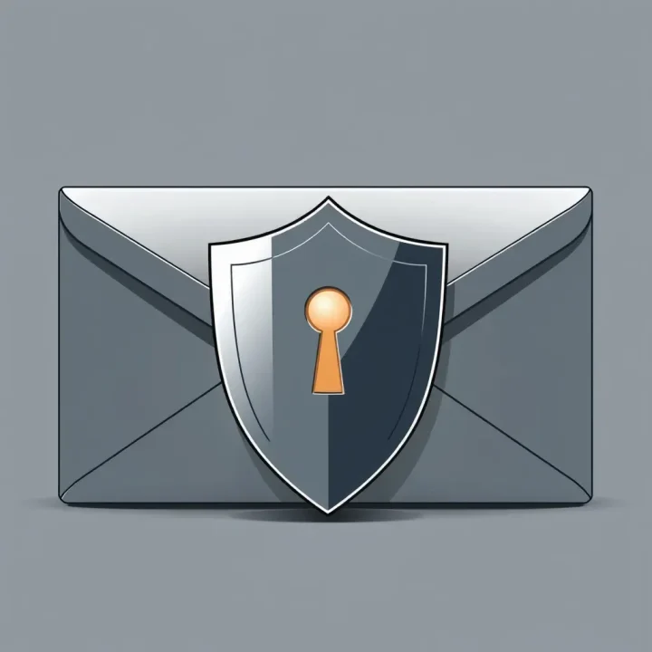 A metallic shield with a subtle keyhole seam placed in front of a digital envelope against a slate background.