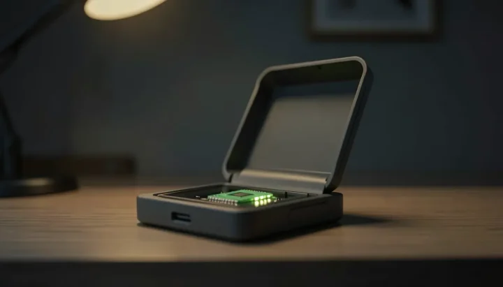 A sleek dark grey hardware wallet rests open on a wooden desk, showing a tiny custom green microchip soldered behind the display under a warm desk lamp.