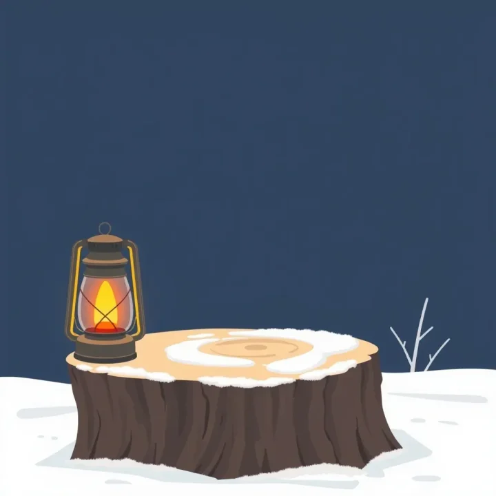 Uma lanterna antiga emitindo um brilho laranja acolhedor sobre um toco de madeira coberto de neve contra um fundo de inverno em azul-escuro.