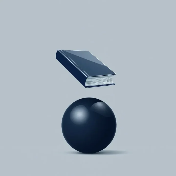 Eine minimale redaktionelle Grafik, die ein transparentes Kassenbuch aus Glas zeigt, das auf einer dunklen, polierten Kugel vor einem glatten Hintergrund balanciert.
