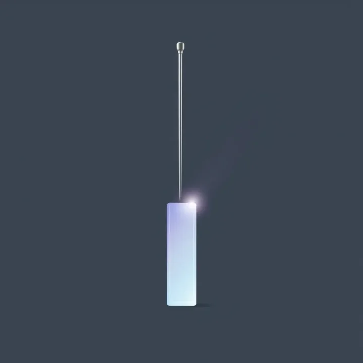 A sleek metallic conductor's baton positioned vertically above a translucent prism on a dark gray background, casting blue and purple light gradients.