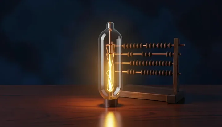 Una ilustración editorial que muestra un tubo de vacío brillante de vidrio transparente y cable de bronce junto a un ábaco de nogal oscuro sobre una mesa de madera pulida con fondo azul marino.