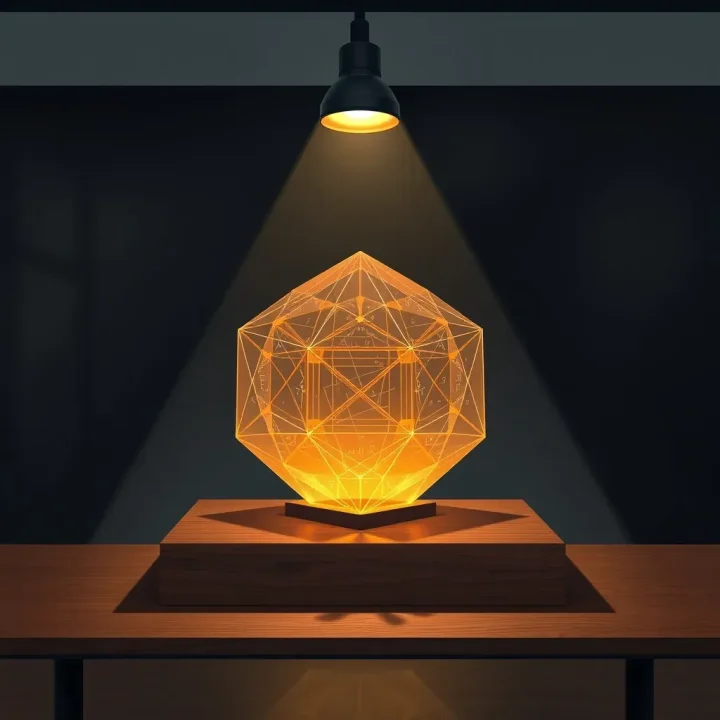 Eine durchscheinende geometrische Skulptur aus mathematischen Symbolen und Matrixebenen, gefertigt aus satiniertem Glas und leuchtendem bernsteinfarbenem Acryl, auf einem dunklen Walnussschreibtisch.