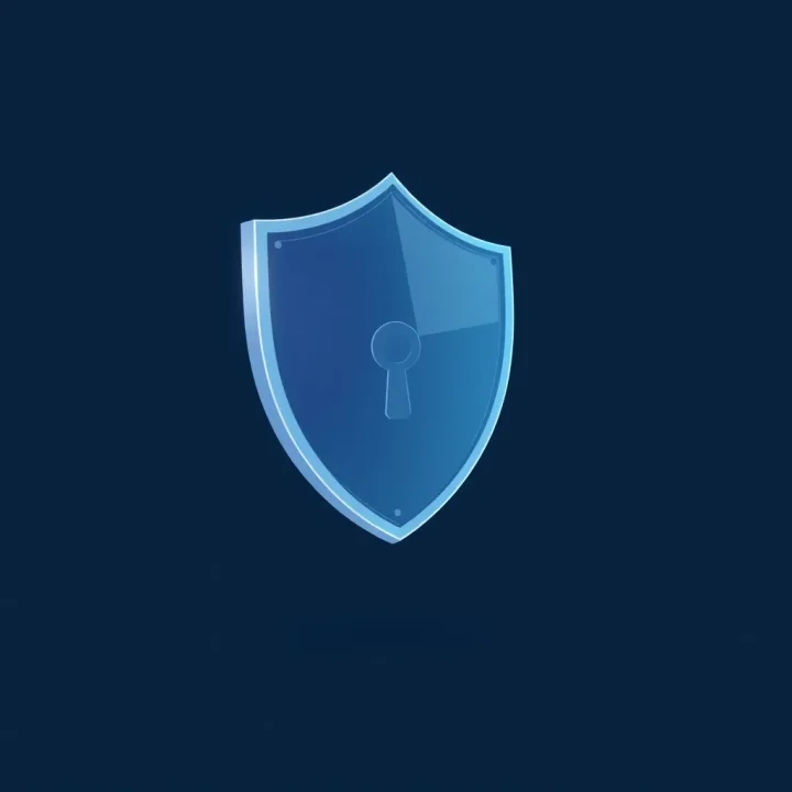 A minimalist conceptual illustration of a translucent security shield intercepting a digital key against a dark blue background.