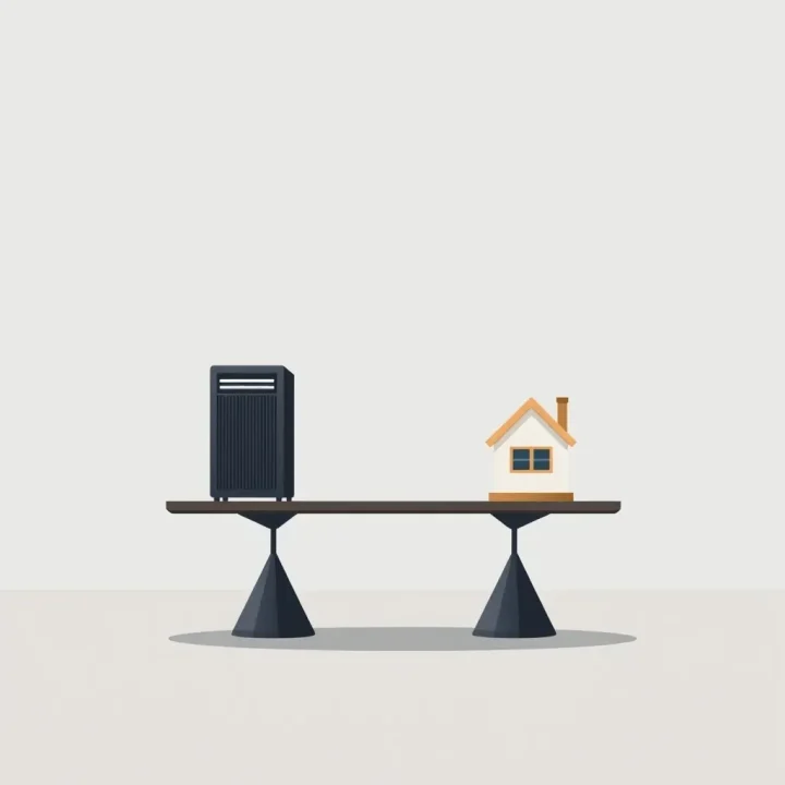 A minimalist balance scale with a dark metallic server tower on one side and a small wooden house on the other, set against a plain light gray background.