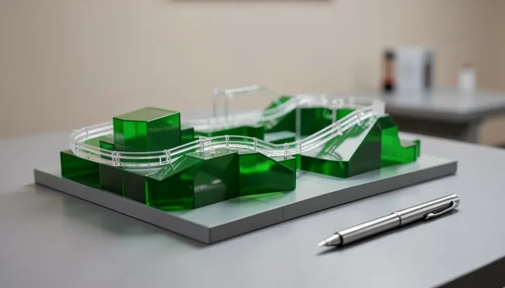 Una maqueta arquitectónica en miniatura detallada de una atracción geométrica para parque temático sobre una mesa de trabajo junto a un instrumento de dibujo.