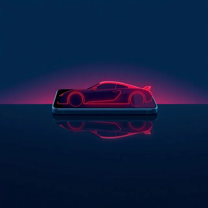 A minimalist horizontal illustration of a smartphone glowing on a dark surface with a faint car silhouette against a twilight background.