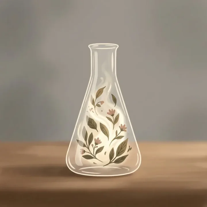 A minimalist illustration of a Victorian glass beaker filled with botanical leaves and glowing chemical vapor on a wooden surface against a soft grey background.