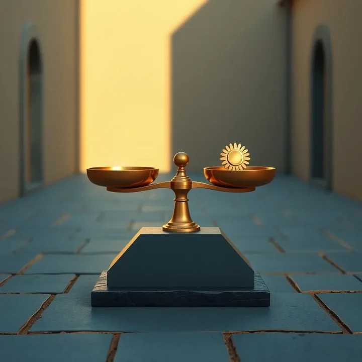 Una balanza estilizada de bronce apoyada sobre una base de pizarra oscura en un patio de piedra bañado por la luz de la mañana.